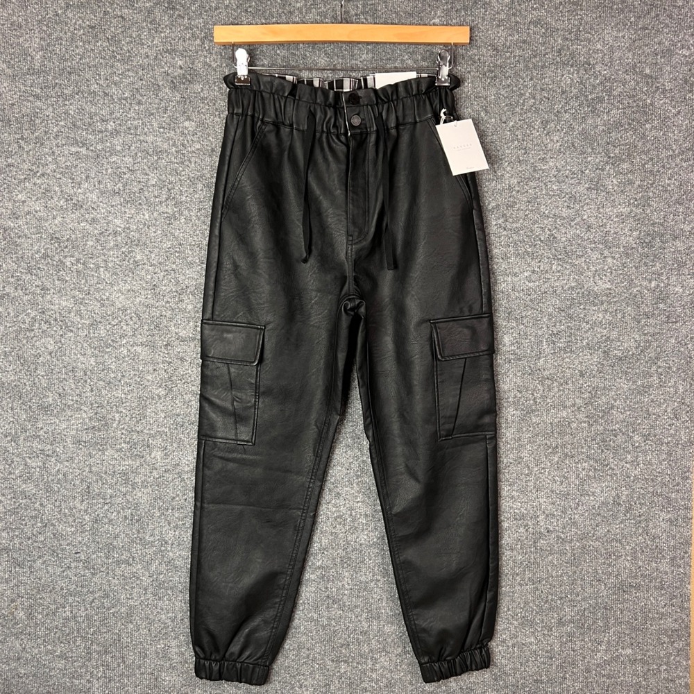 NEW Kancan Los Angeles Black Faux Leather Cargo‎ Pants High Waisted Drawstring L